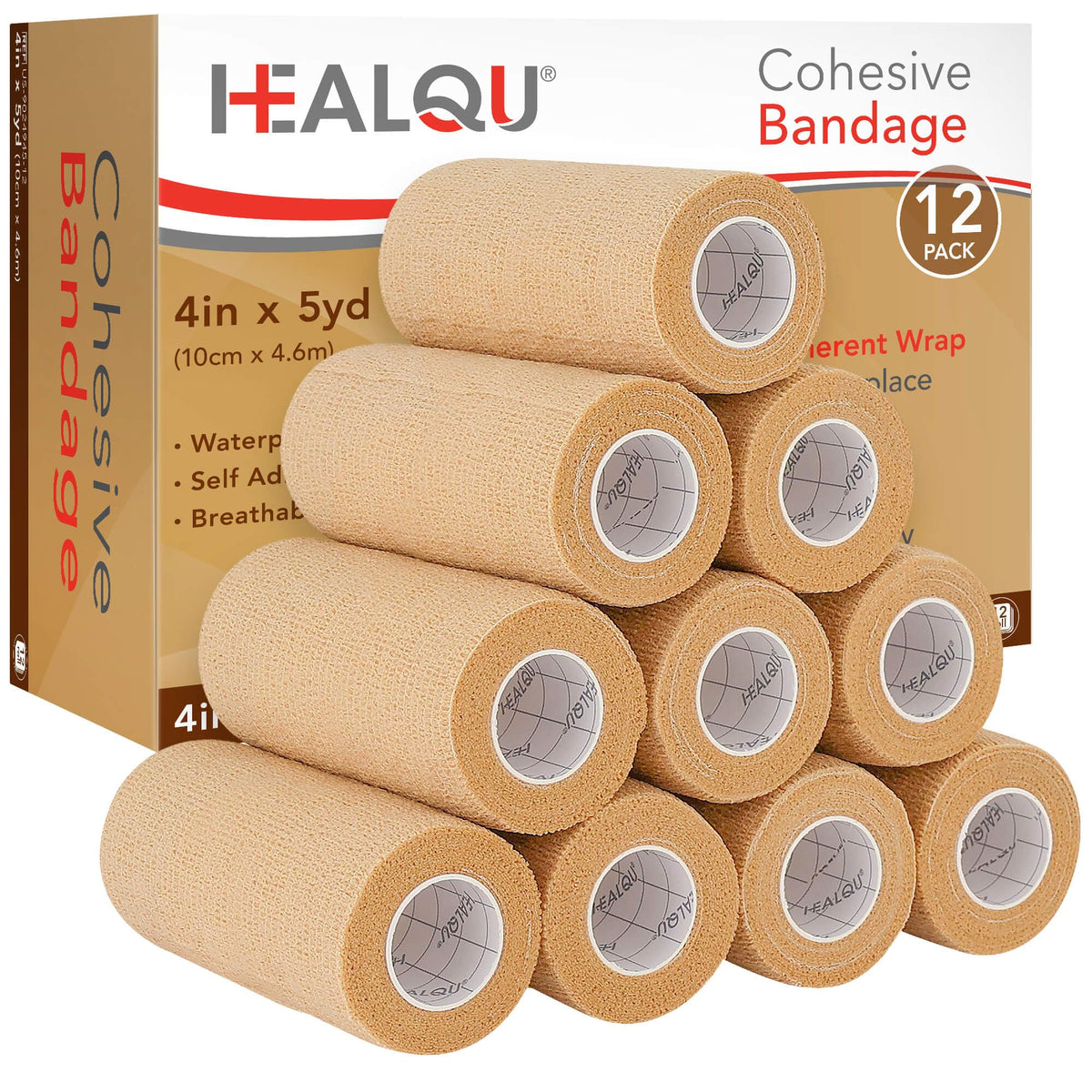 Healqu embalaje frontal mostrando 12 rollos y medidas, facilidad de almacenamiento