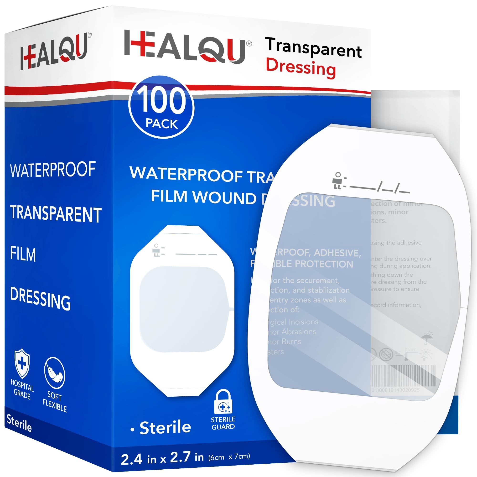 Healqu paquete frontal mostrando 100 parches, fácil almacenamiento
