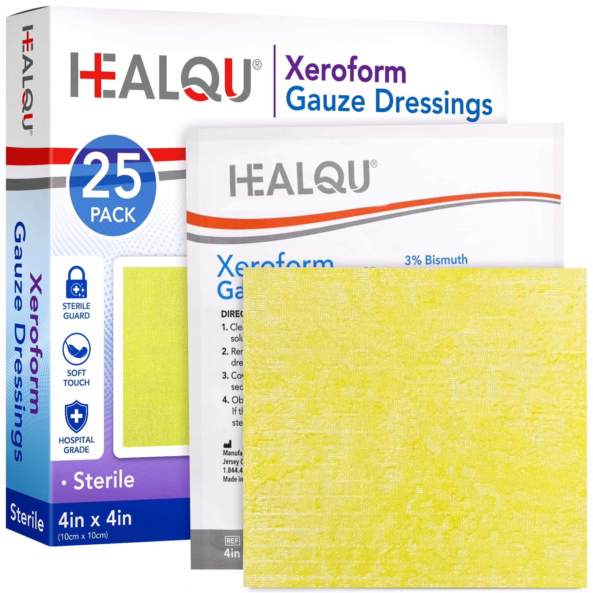 Healqu empaque frontal del apósito Xeroform 4x4, presentación profesional y fácil almacenamiento