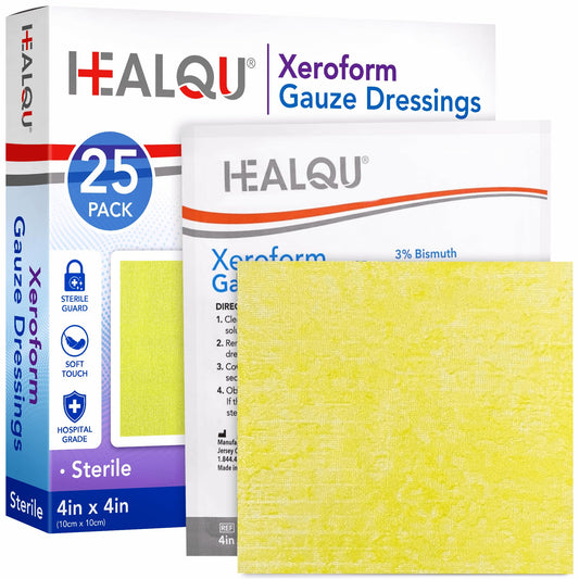 Healqu empaque frontal del apósito Xeroform 4x4, presentación profesional y fácil almacenamiento
