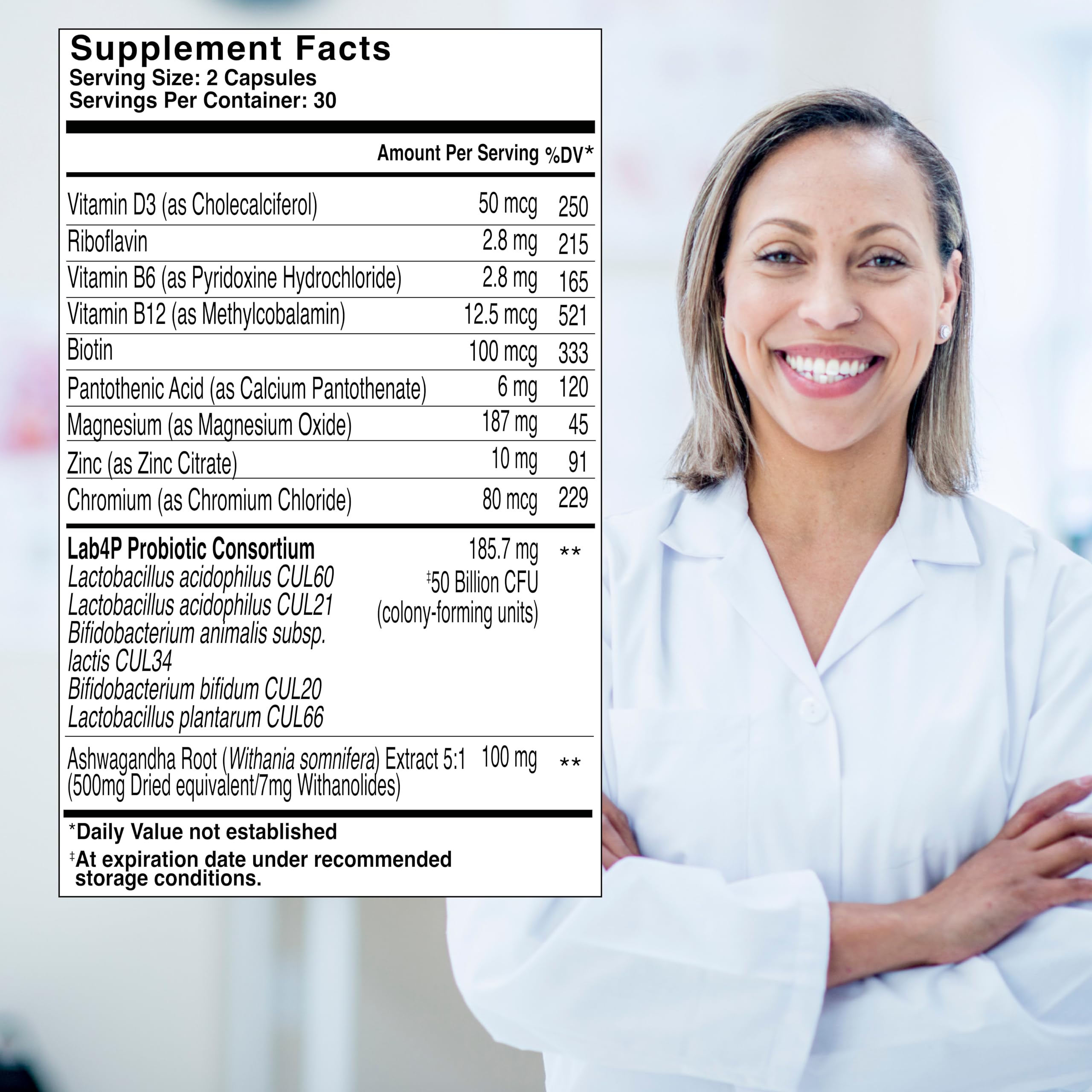 Health and Her detalle de etiqueta con ingredientes y CFU para confianza