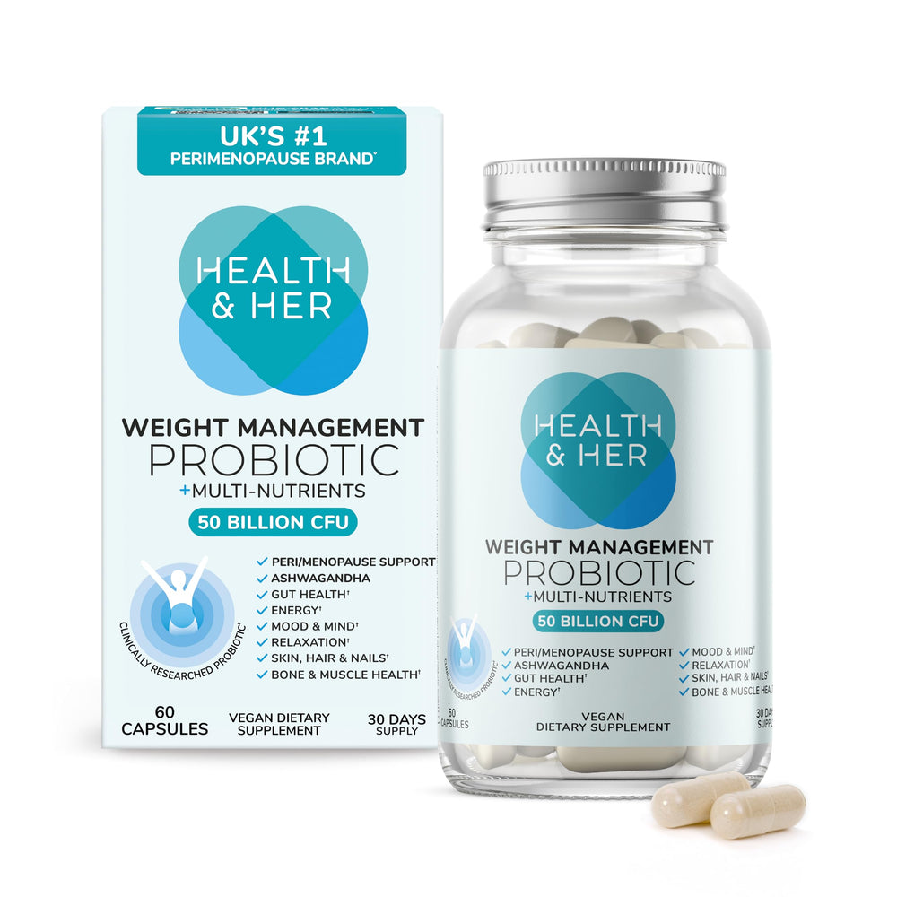 Health and Her envase frontal mostrando diseño y beneficios para control de peso