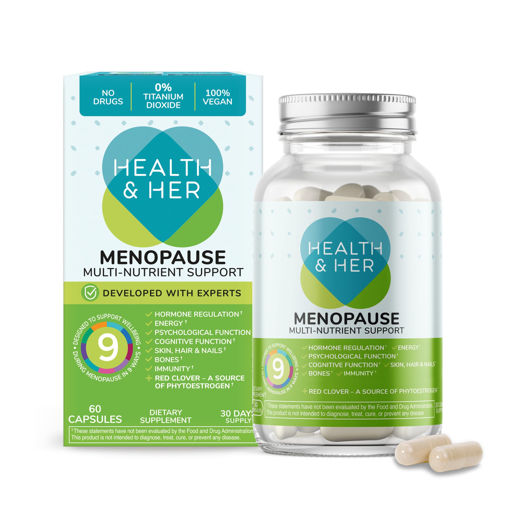 Health & Her frente del envase mostrando la marca y el tamaño del producto como apoyo diario