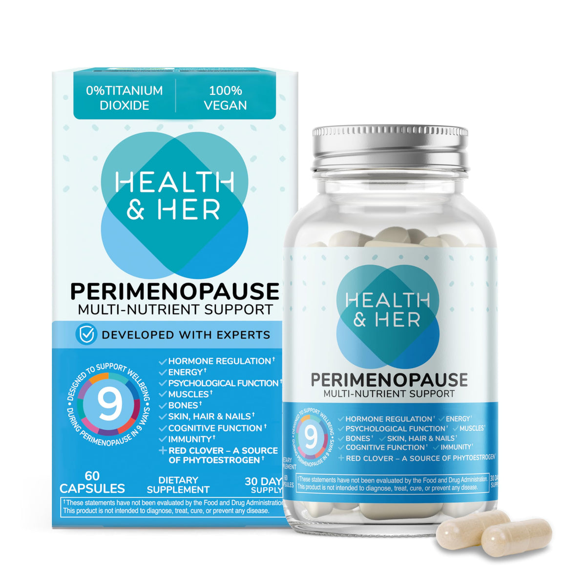 Health and Her frente del envase mostrando apoyo perimenopausia