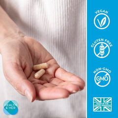 Health and Her etiqueta detallada con lista de vitaminas y beneficios