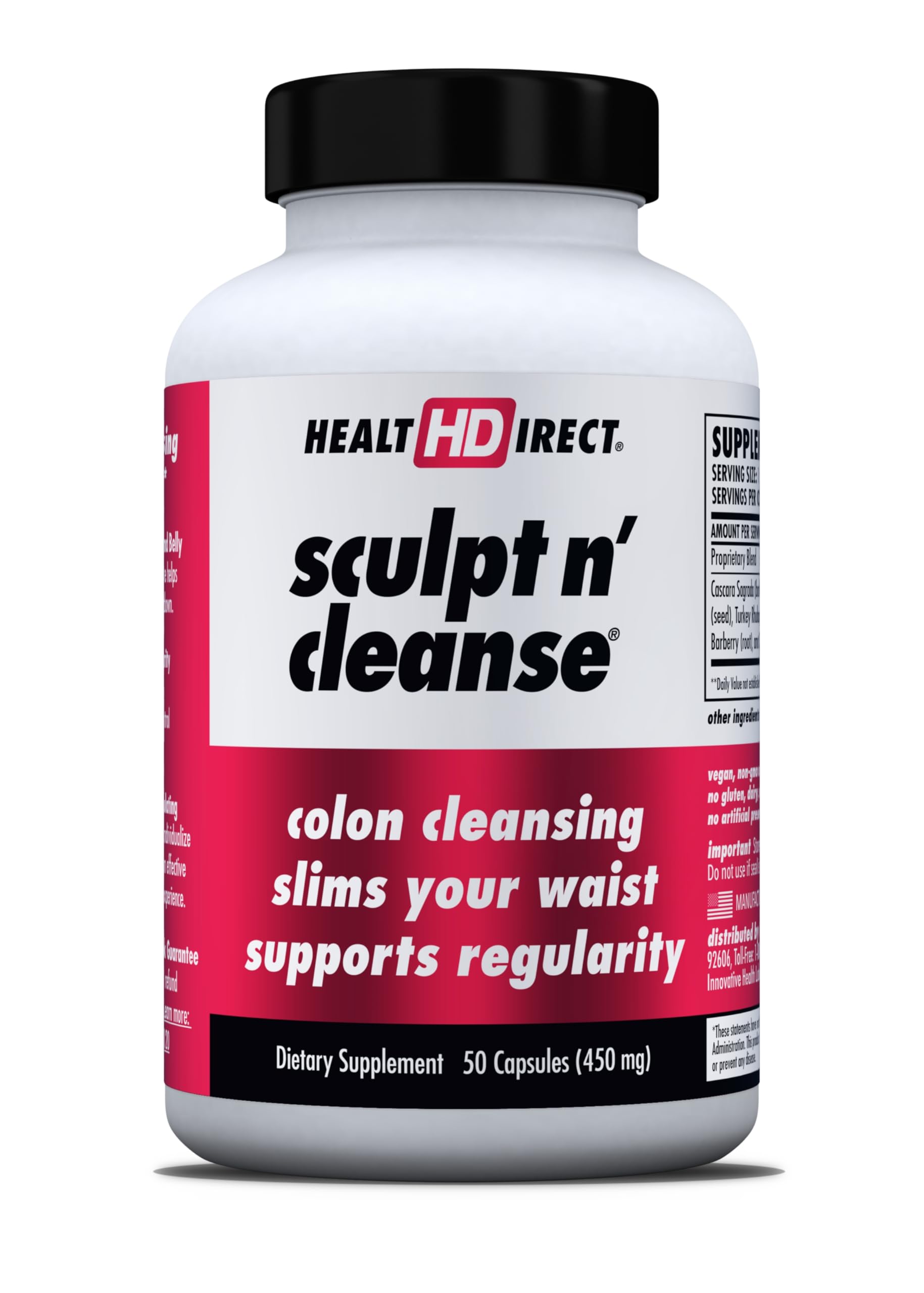 HEALTH DIRECT frasco frontal del producto que comunica limpieza intestinal y confianza
