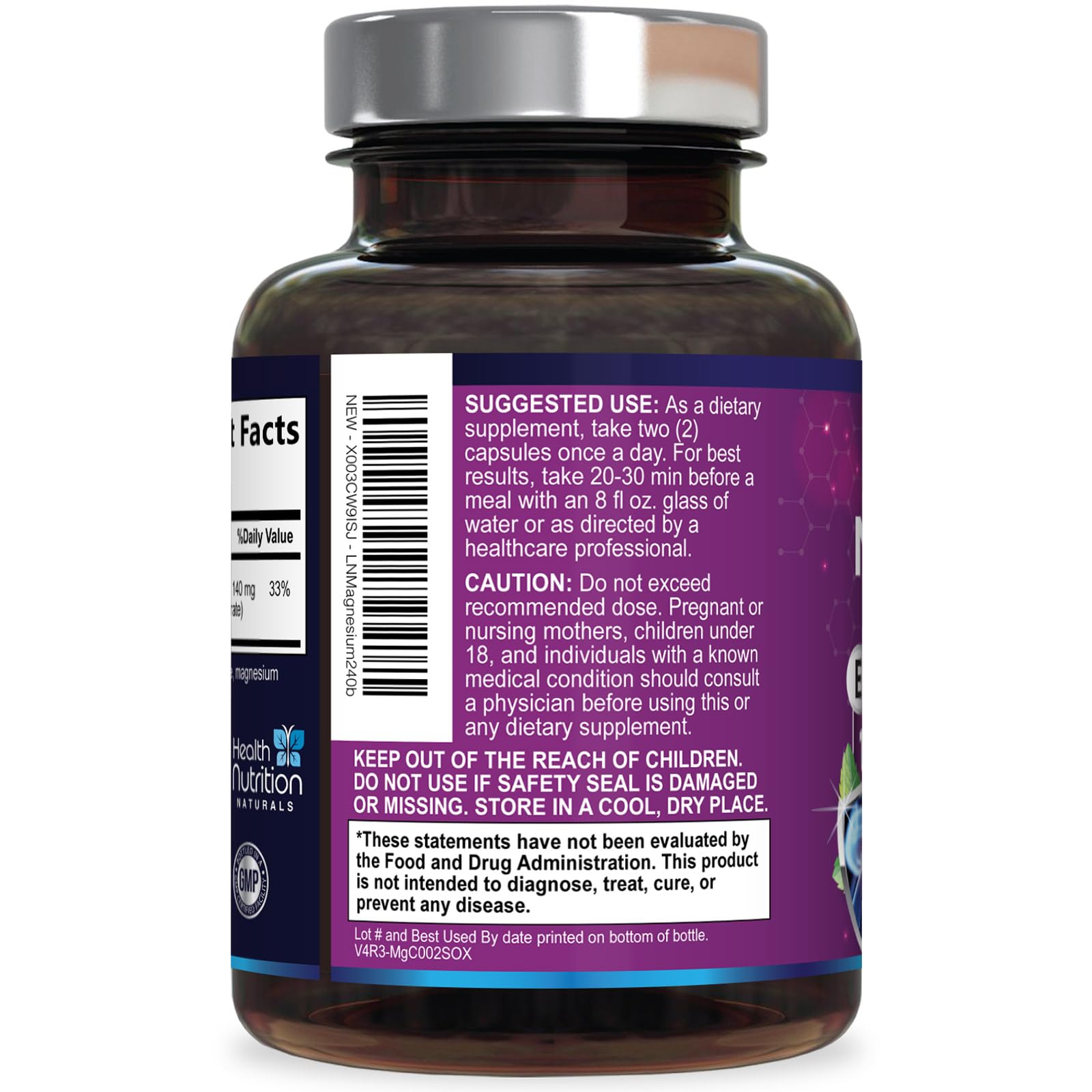 Health Nutrition Naturals cápsulas en mano ilustrando cantidad por servicio y conveniencia