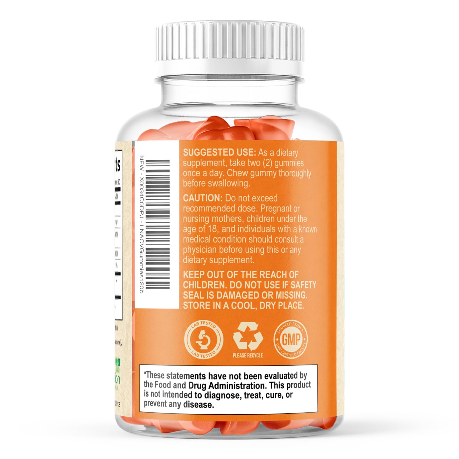 Health Nutrition Naturals gráfico de escala mostrando 120 gomitas por envase