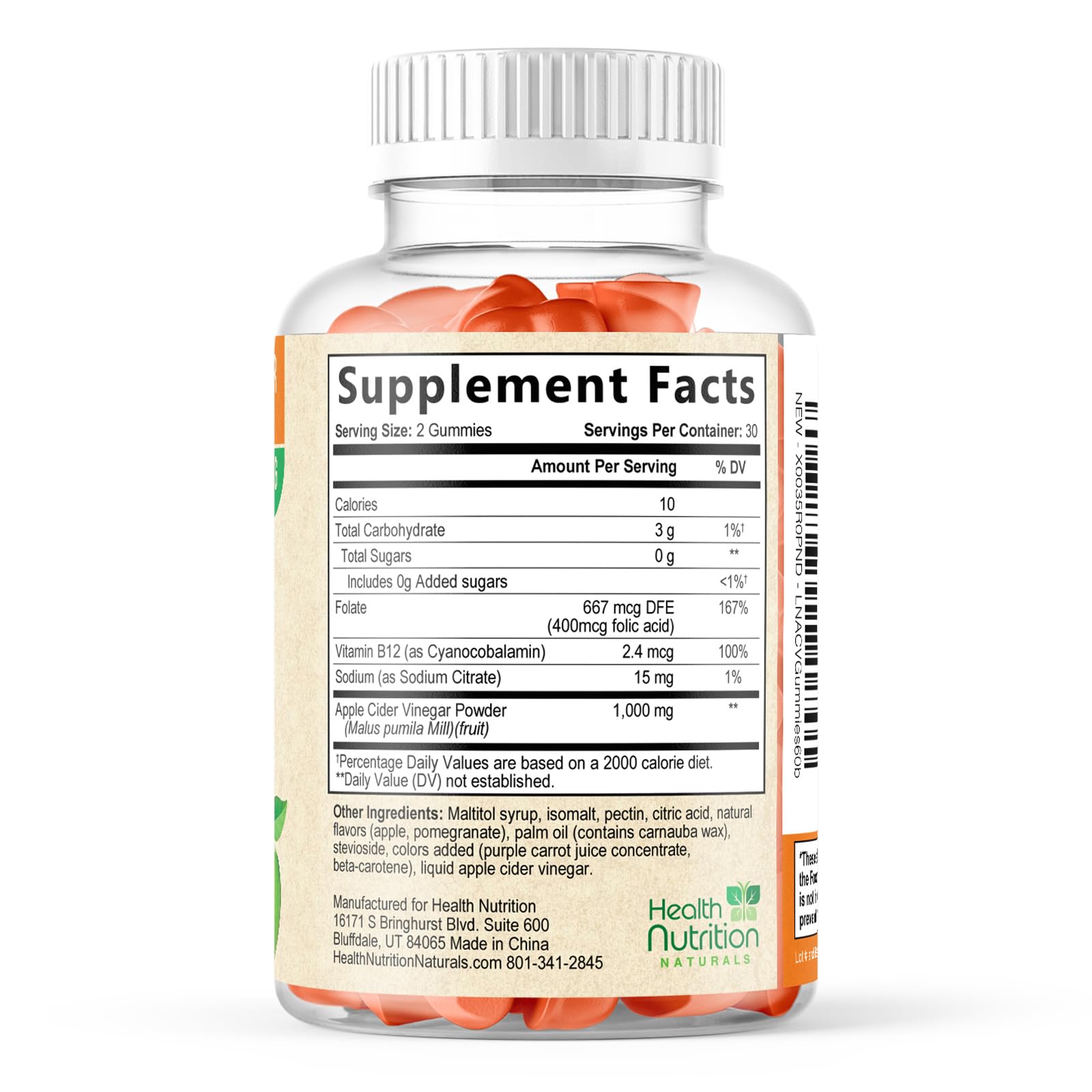 Health Nutrition Naturals etiqueta con certificaciones de cGMP y prueba de terceros
