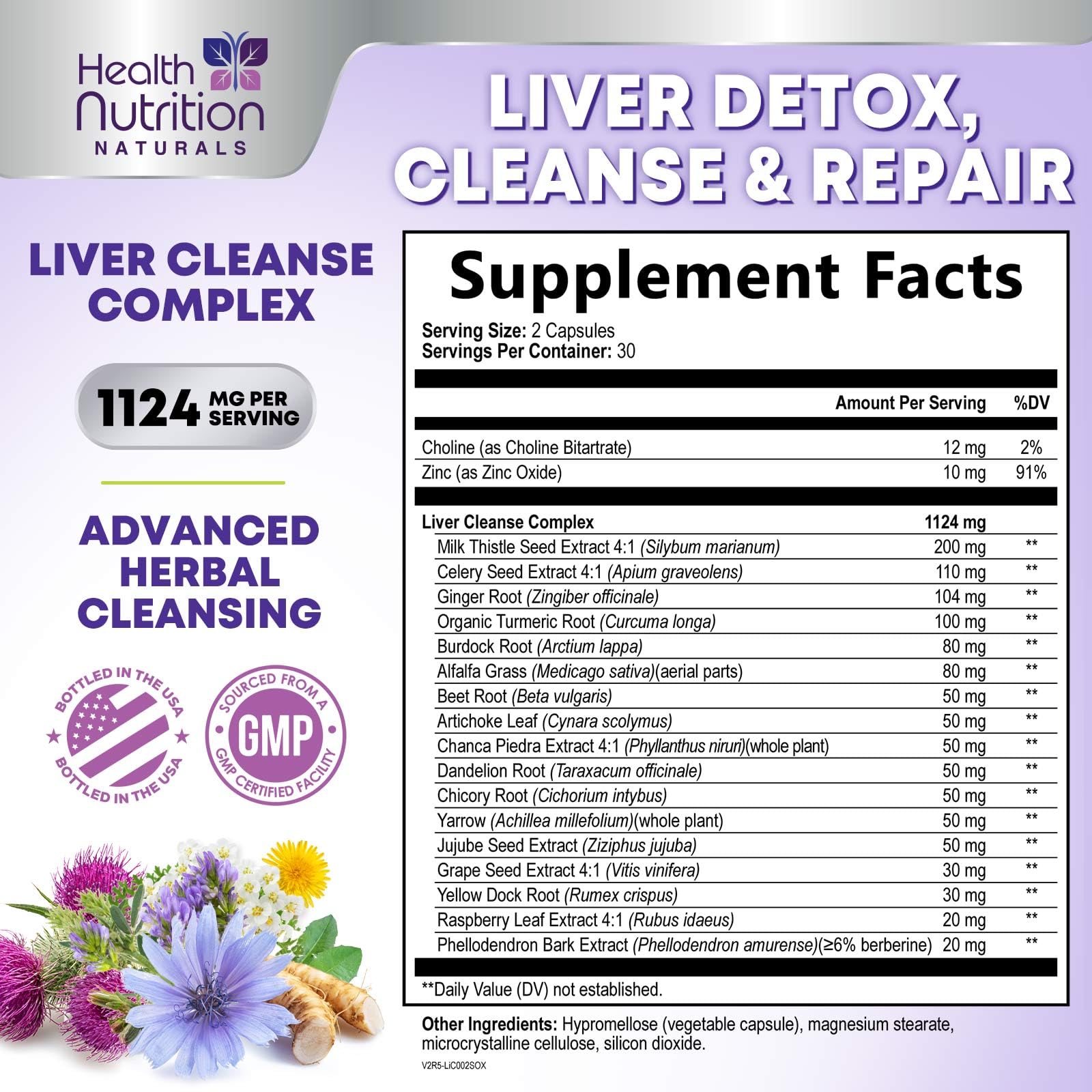 Health Nutrition Naturals detalle de etiqueta con lista de ingredientes clave