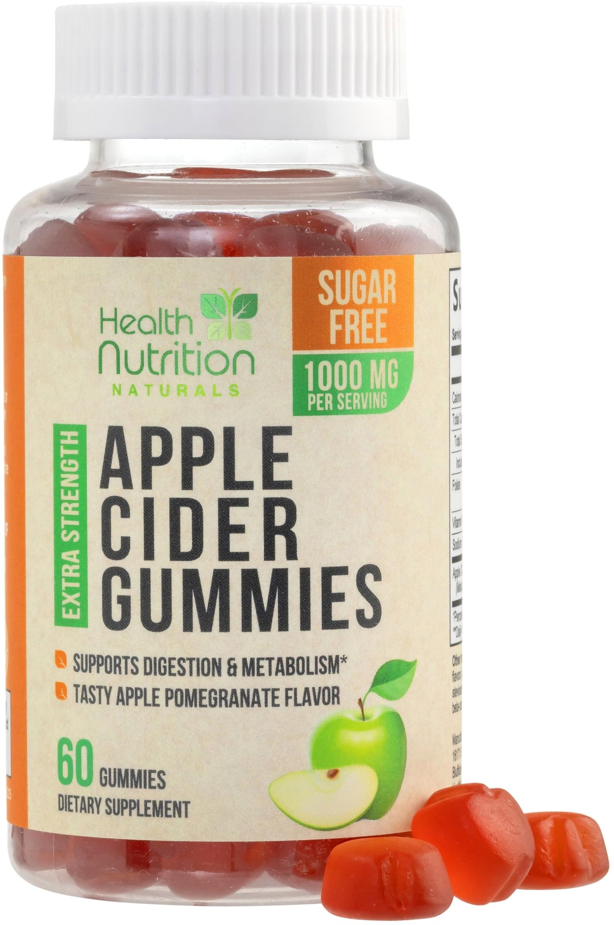 Health Nutrition Naturals envase frontal mostrando gomitas sin azúcar y beneficios