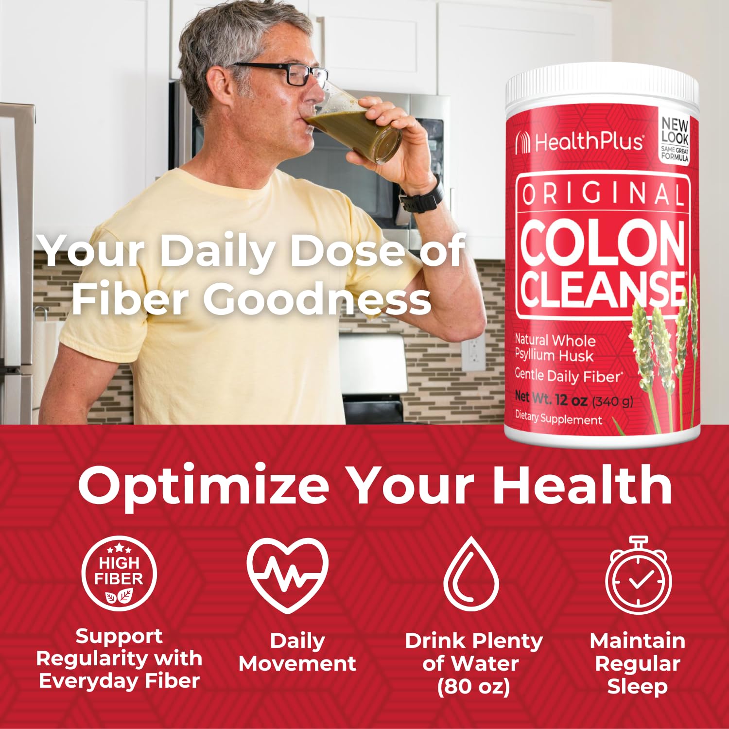 Health Plus detalle del psyllium husk, fibra natural que apoya el tránsito