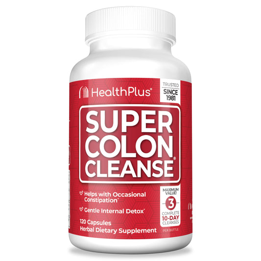 Health Plus frasco delantero mostrando 120 cápsulas y beneficios para regularidad