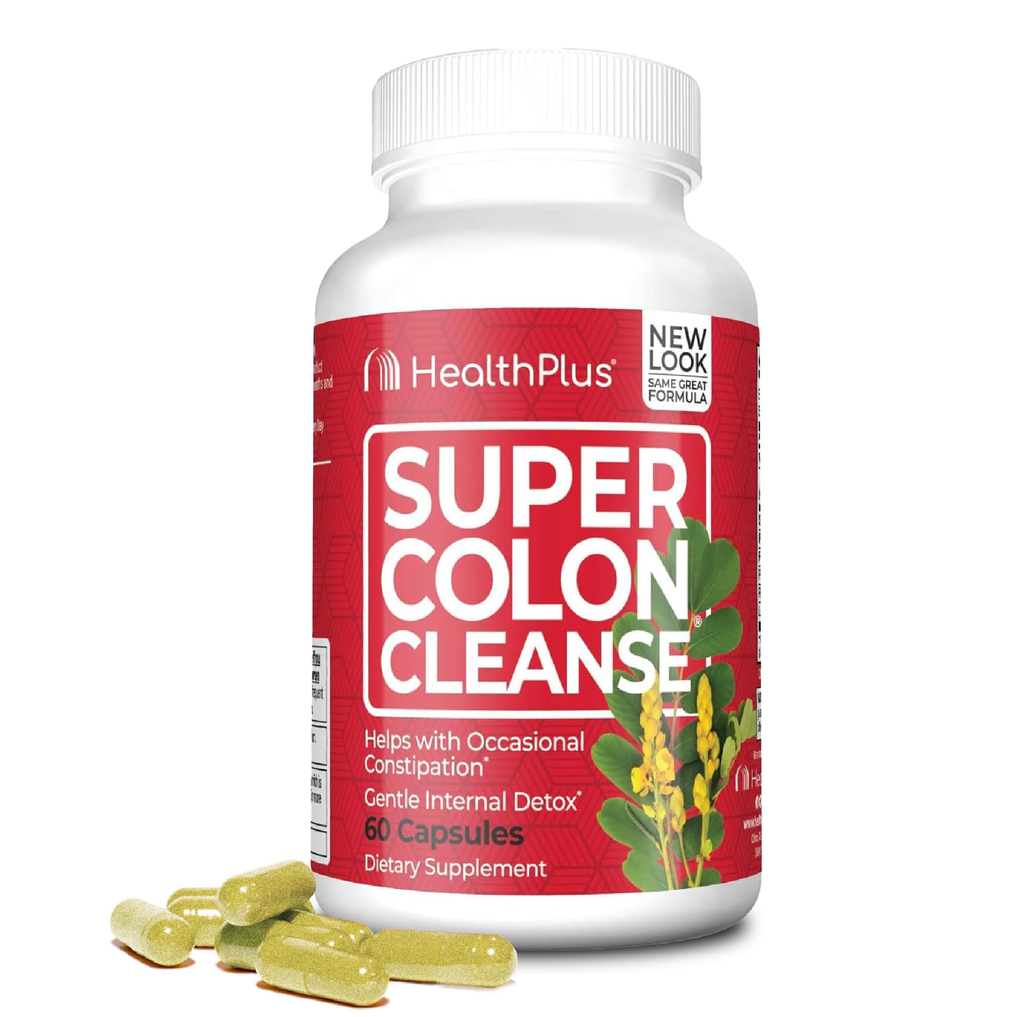 Health Plus envase frontal mostrando 60 cápsulas y beneficio de regularidad