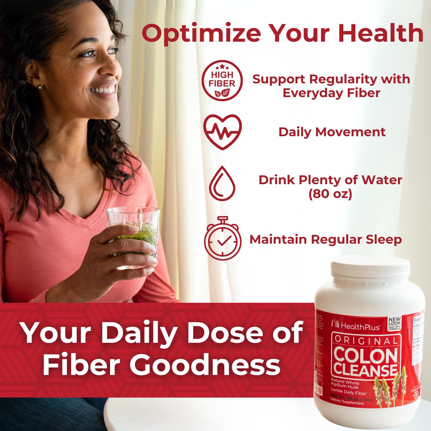 Health Plus envase junto a objeto cotidiano para comparar tamaño