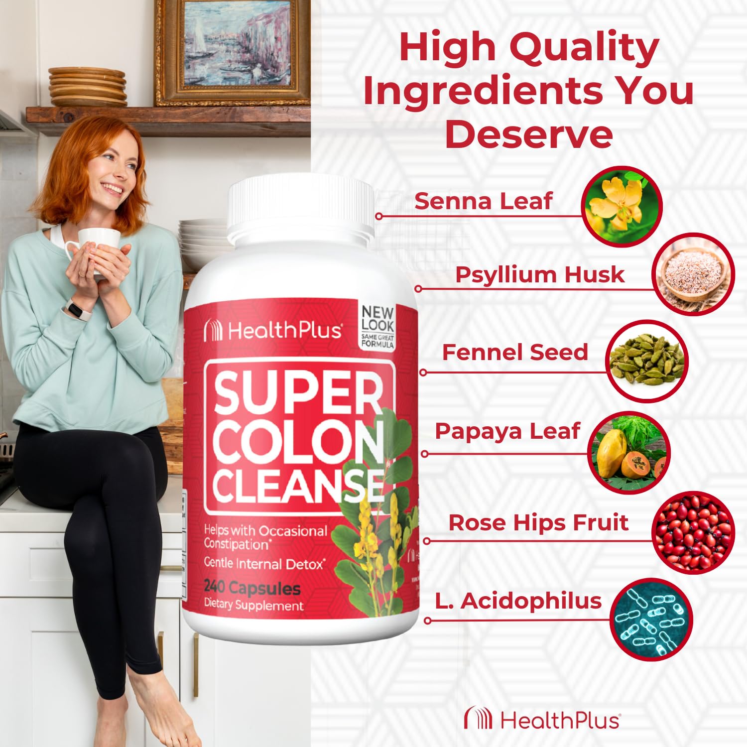 Comparación de tamaño Health Plus con monedas mostrando escala real del producto