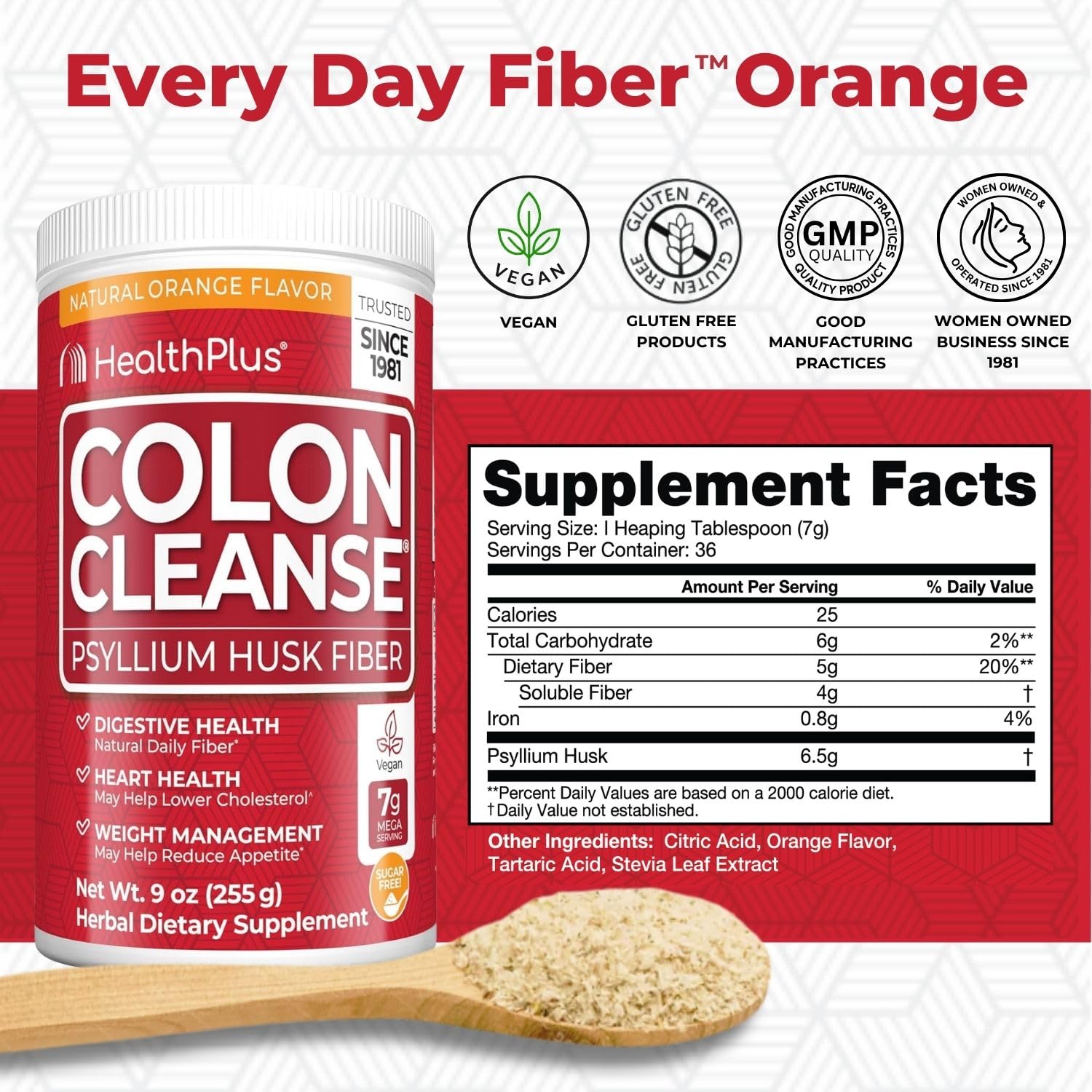 Health Plus textura del polvo naranja, fibra de psyllium visible y apetecible