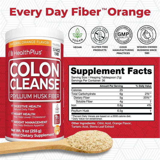 Health Plus textura del polvo naranja, fibra de psyllium visible y apetecible