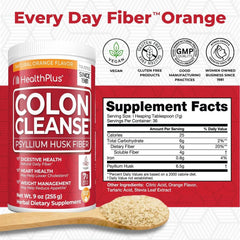 Health Plus textura del polvo naranja, fibra de psyllium visible y apetecible