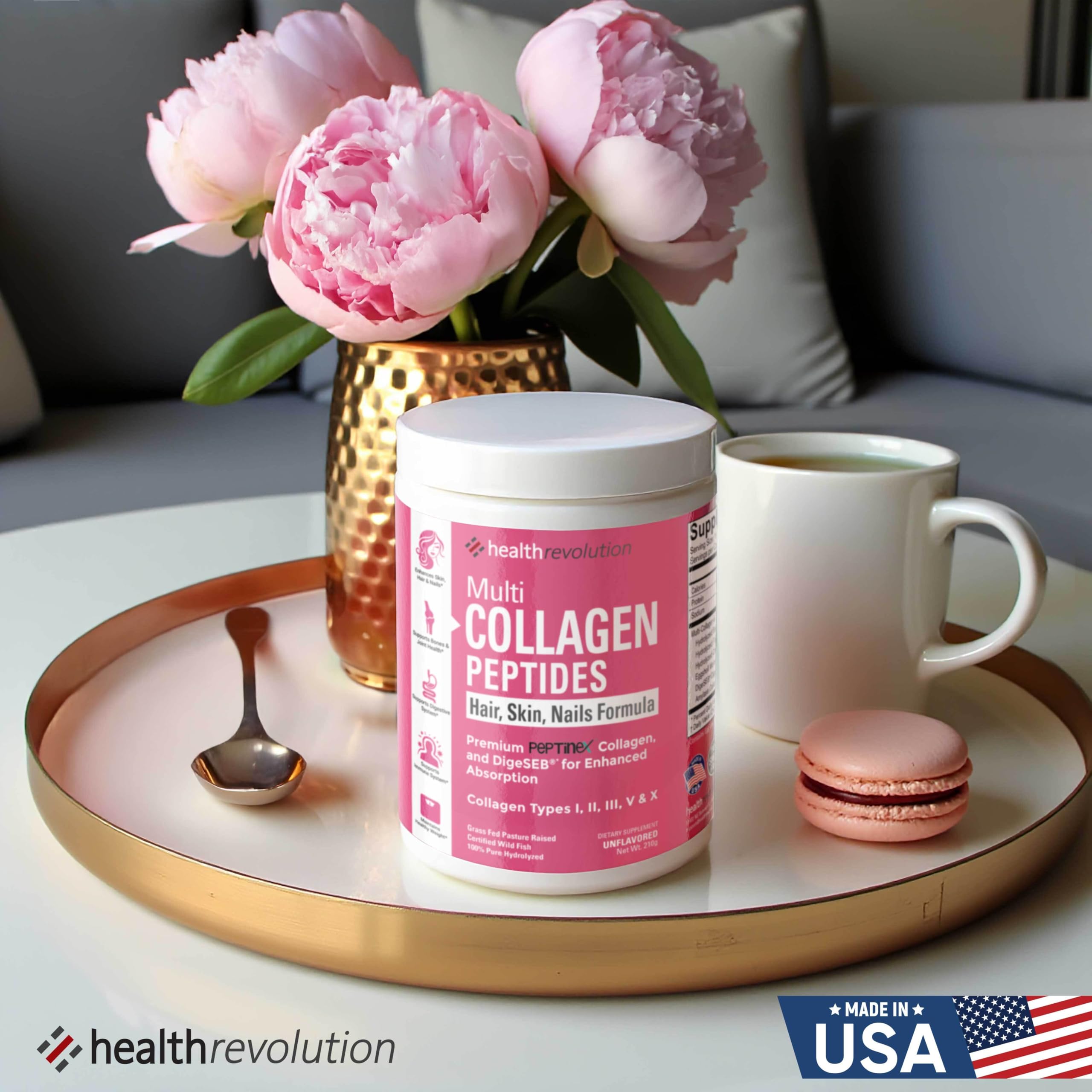 Health Revolution envase junto a objetos para comparar tamaño y porción