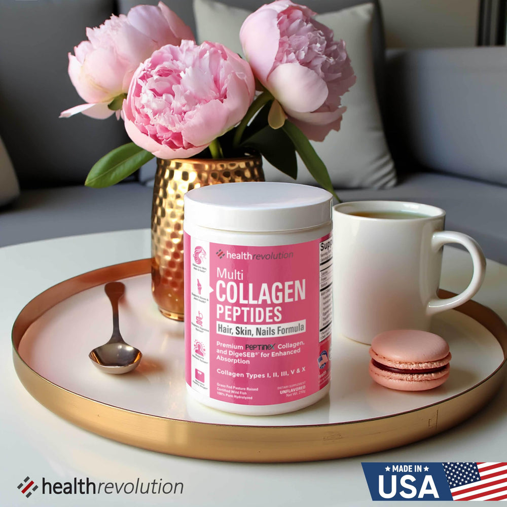 Health Revolution envase junto a objetos para comparar tamaño y porción