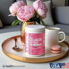 Health Revolution envase junto a objetos para comparar tamaño y porción