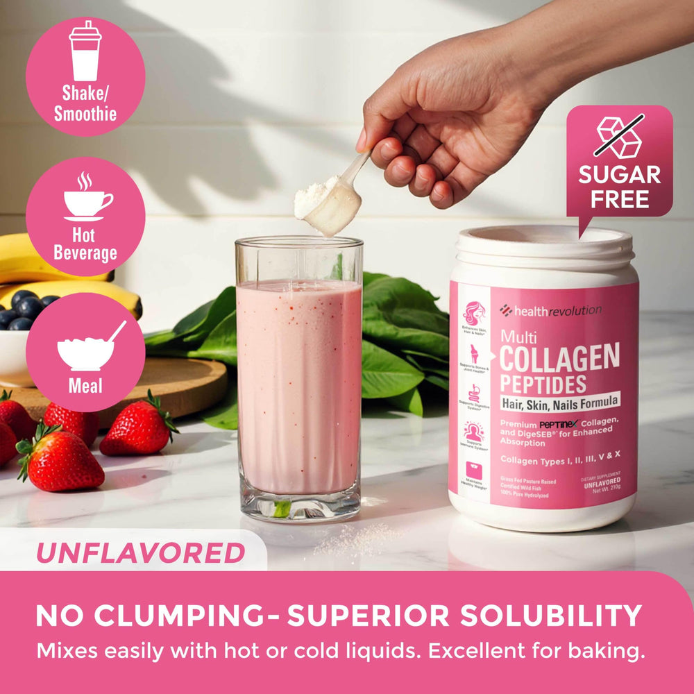 Health Revolution etiqueta en detalle con tipos de colágeno y beneficios