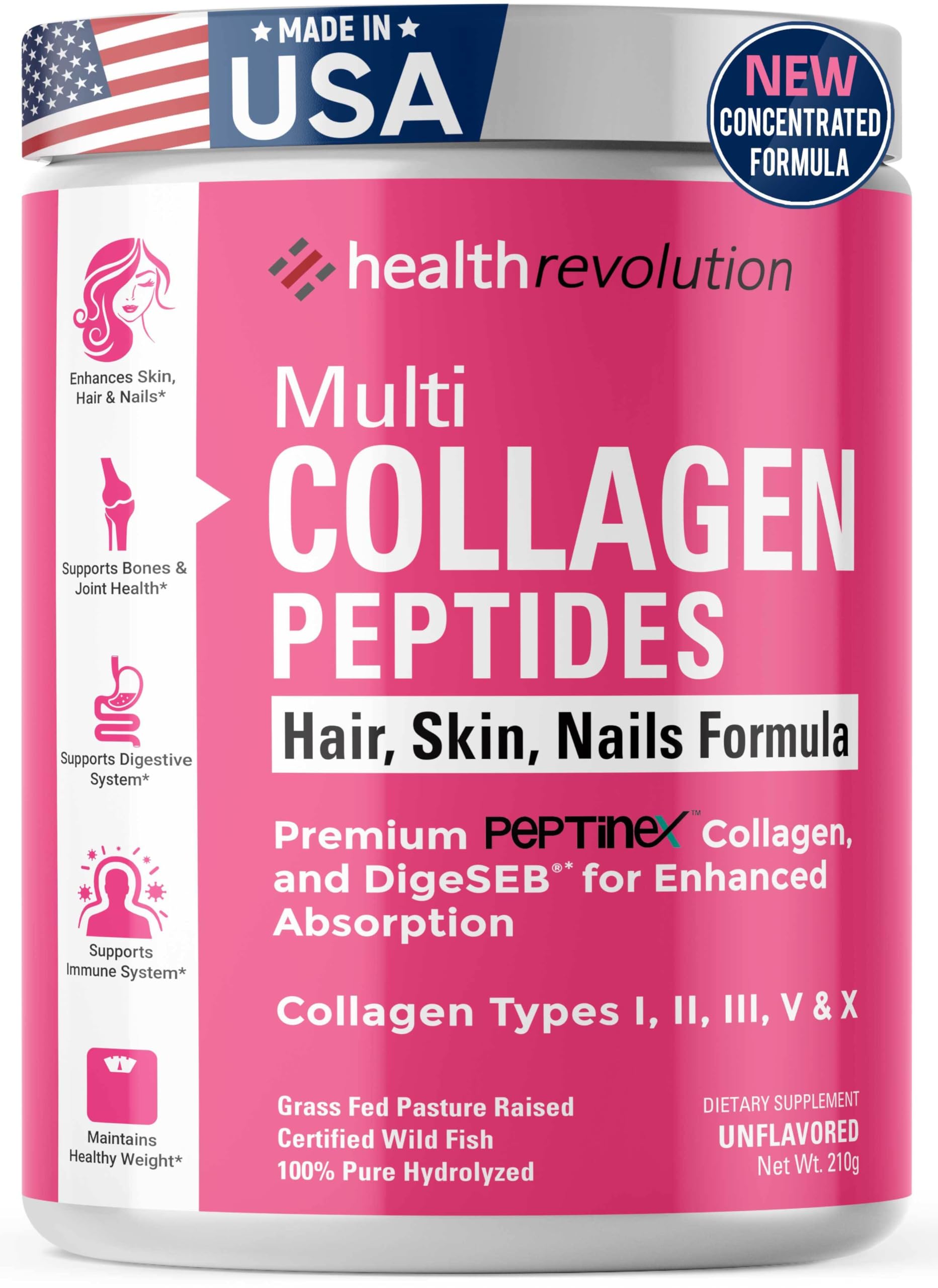 Health Revolution envase frontal del polvo de colágeno destaca calidad