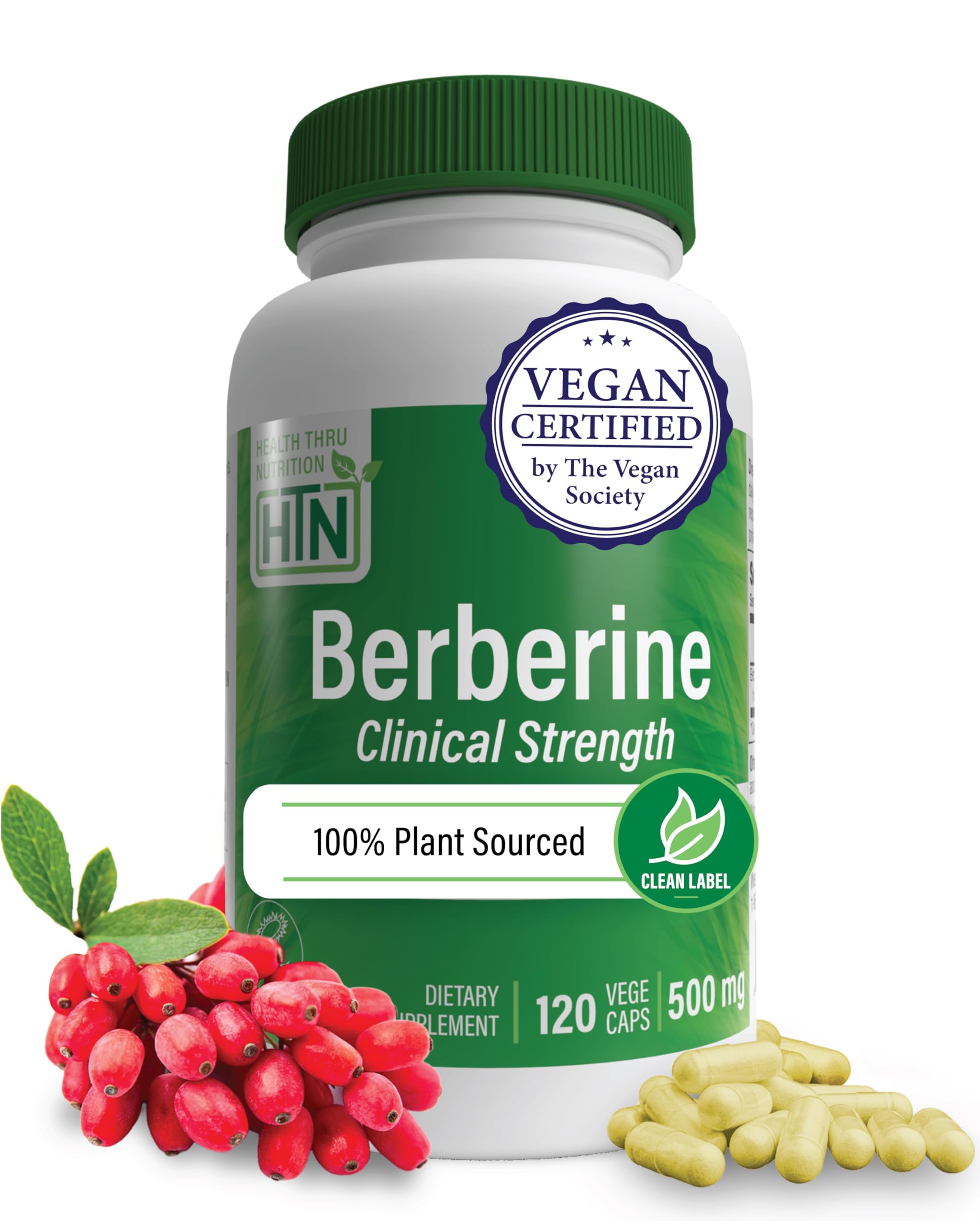 Health Thru Nutrition frasco frontal mostrando berberine 500 mg, confianza de marca