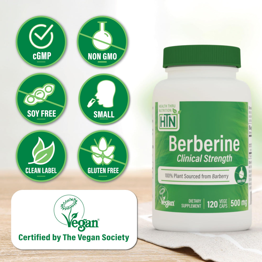 Close-up de cápsula de berberine HCl por Health Thru Nutrition, textura uniforme y calidad