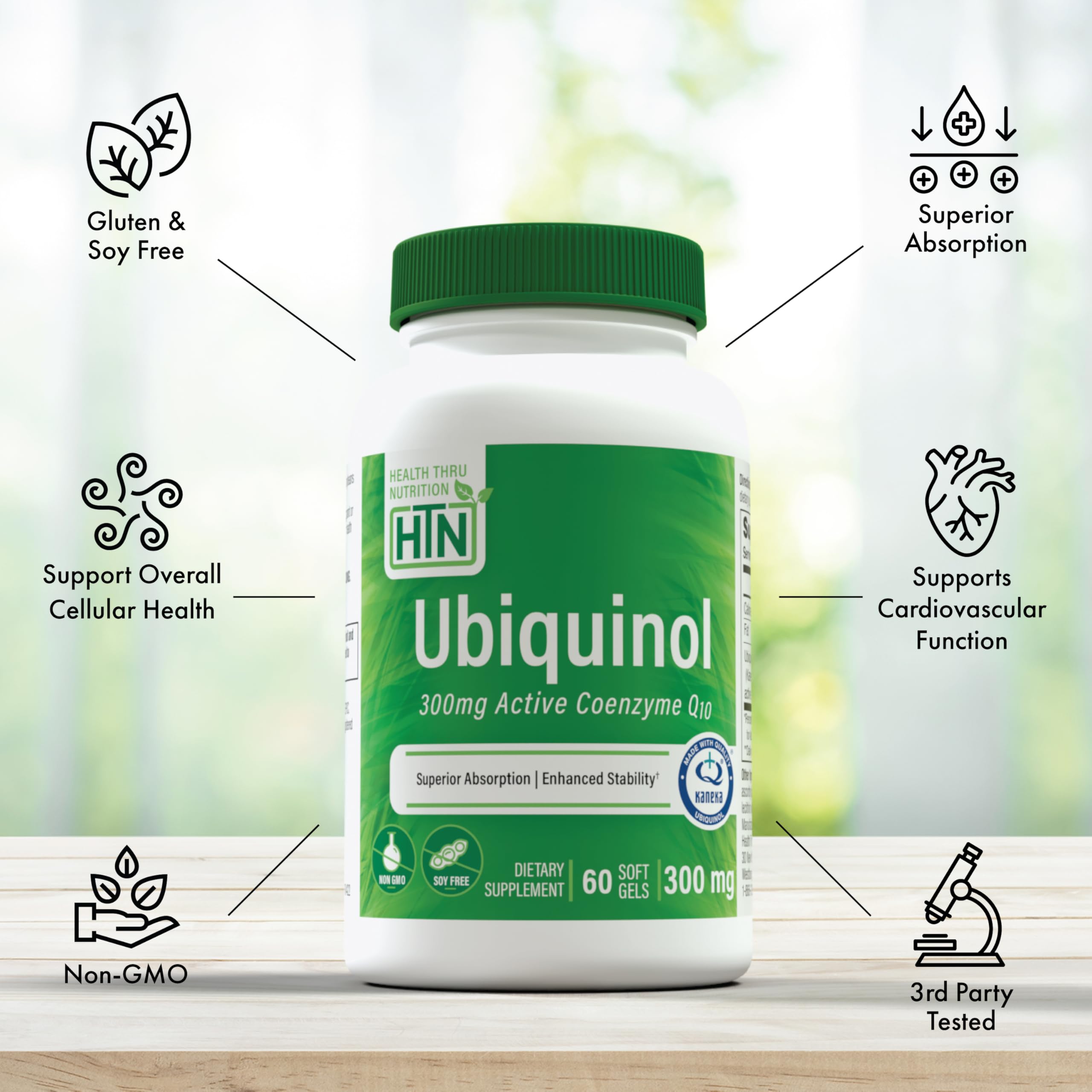 Health Thru Nutrition botella abierta con softgels destacando conservación y uso