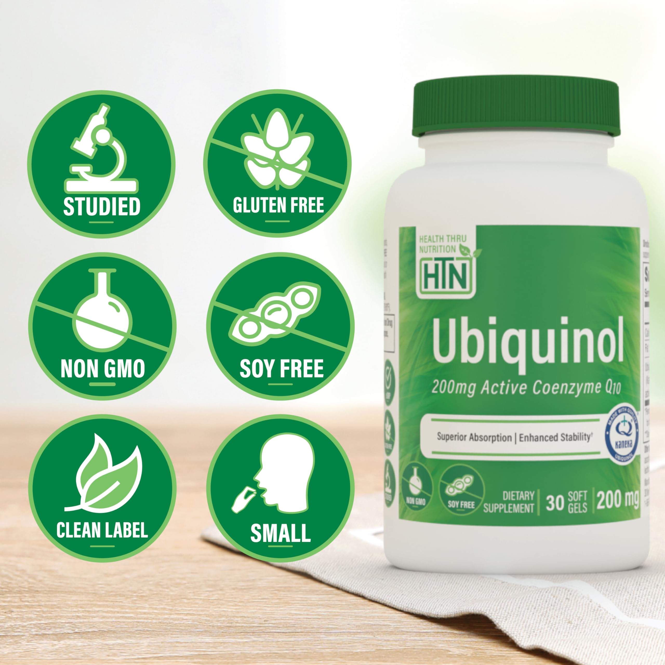Health Thru Nutrition botella abierta con cápsulas, vista que destaca cantidad y dosificación