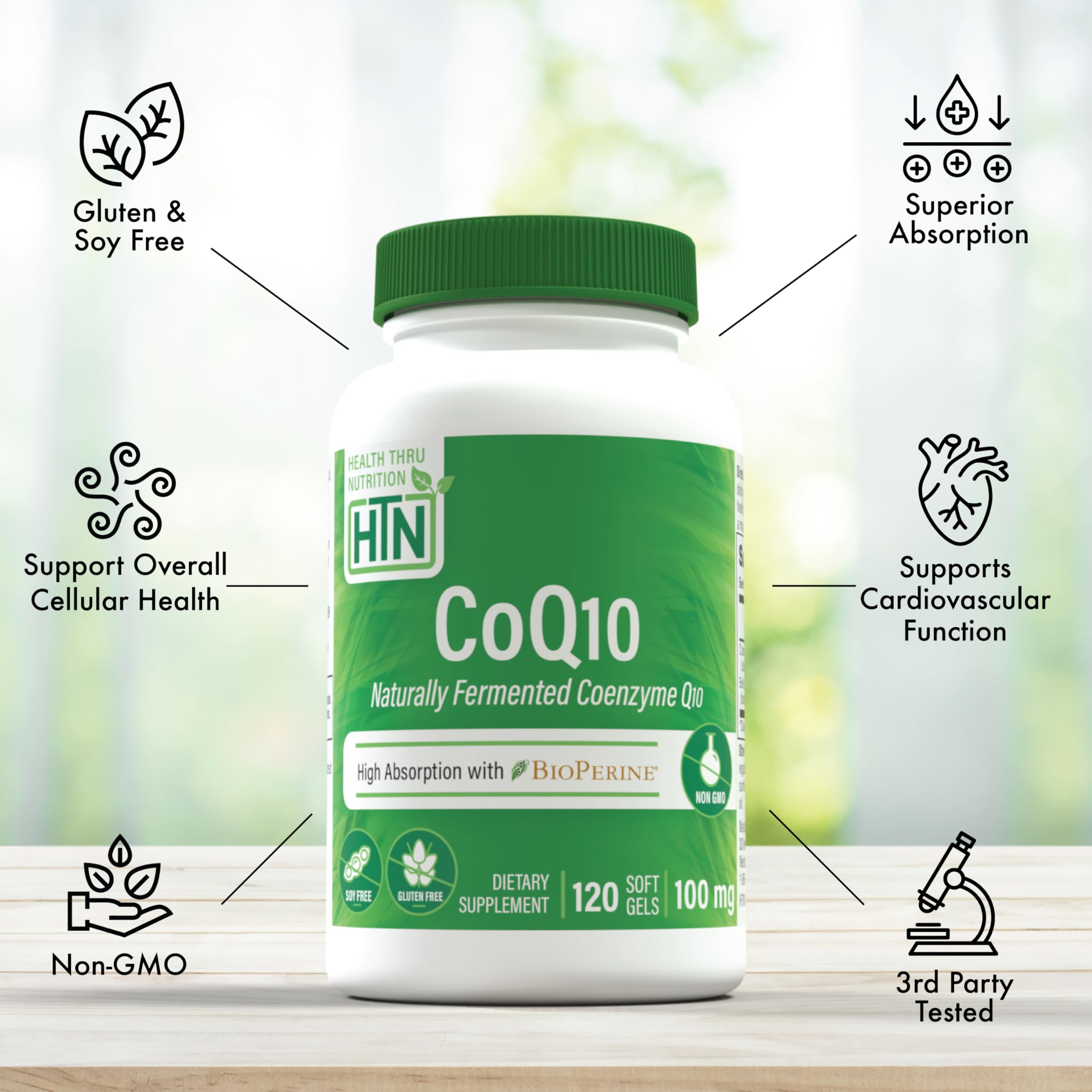 Empaque de Health Thru Nutrition CoQ-10 resalta pureza y calidad