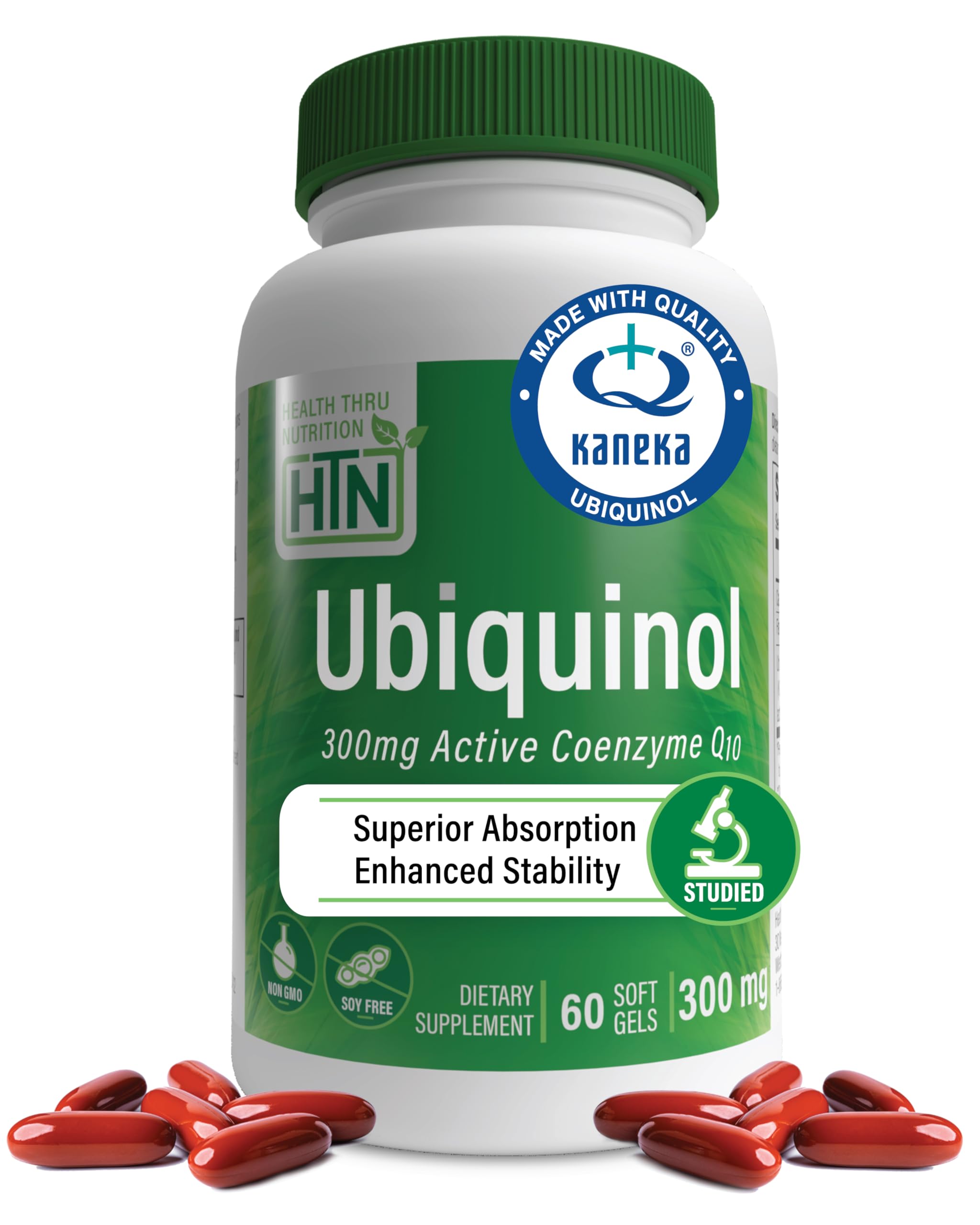 Health Thru Nutrition frasco frontal mostrando ubiquinol 300 mg y beneficio de absorción