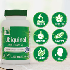 Softgel Ubiquinol Health Thru Nutrition en la mano mostrando tamaño y dosificación clara