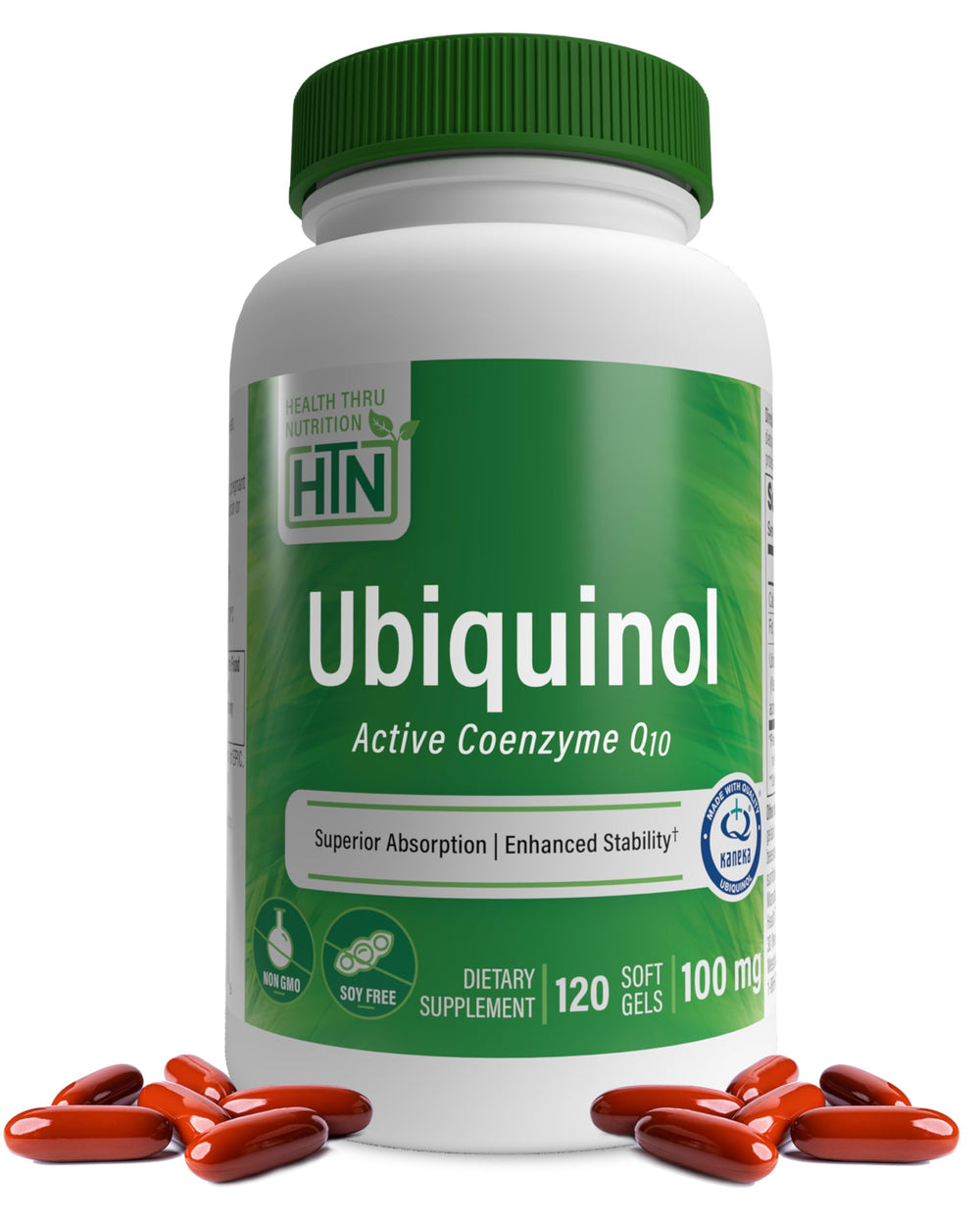 Health Thru Nutrition frasco de Ubiquinol 100 mg mostrando el frente y beneficio de absorción