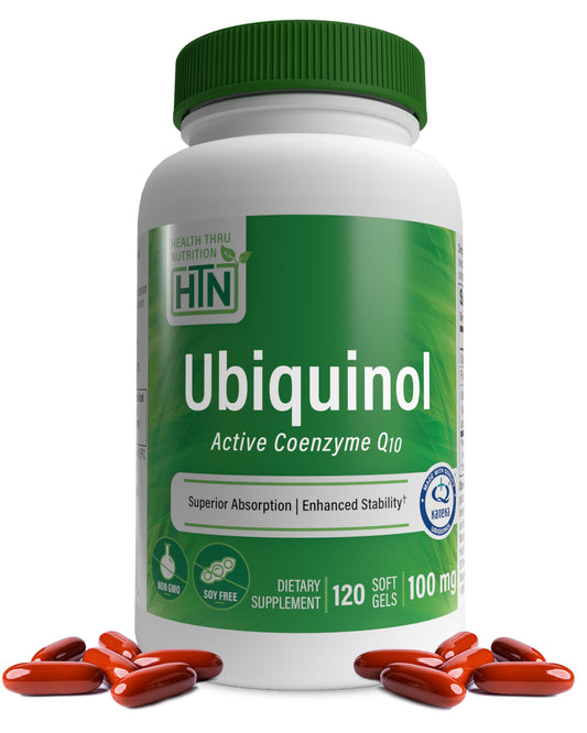 Health Thru Nutrition frasco de Ubiquinol 100 mg mostrando el frente y beneficio de absorción