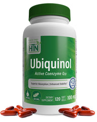 Health Thru Nutrition frasco de Ubiquinol 100 mg mostrando el frente y beneficio de absorción