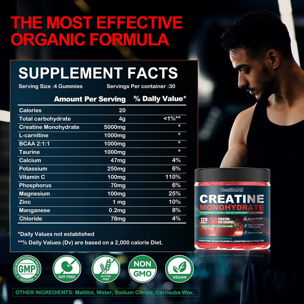 Health4All Creatina Monohidrato Gomitas formato portátil para entrenamiento en cualquier lugar.