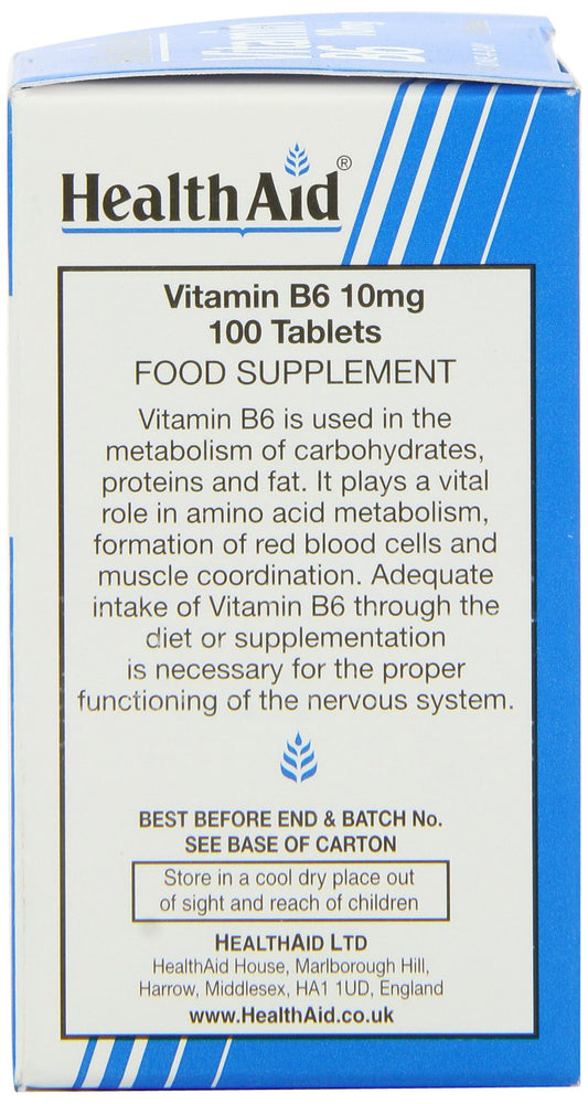 Close-up de tableta HealthAid vitamina B6, superficie y forma para fácil ingestión