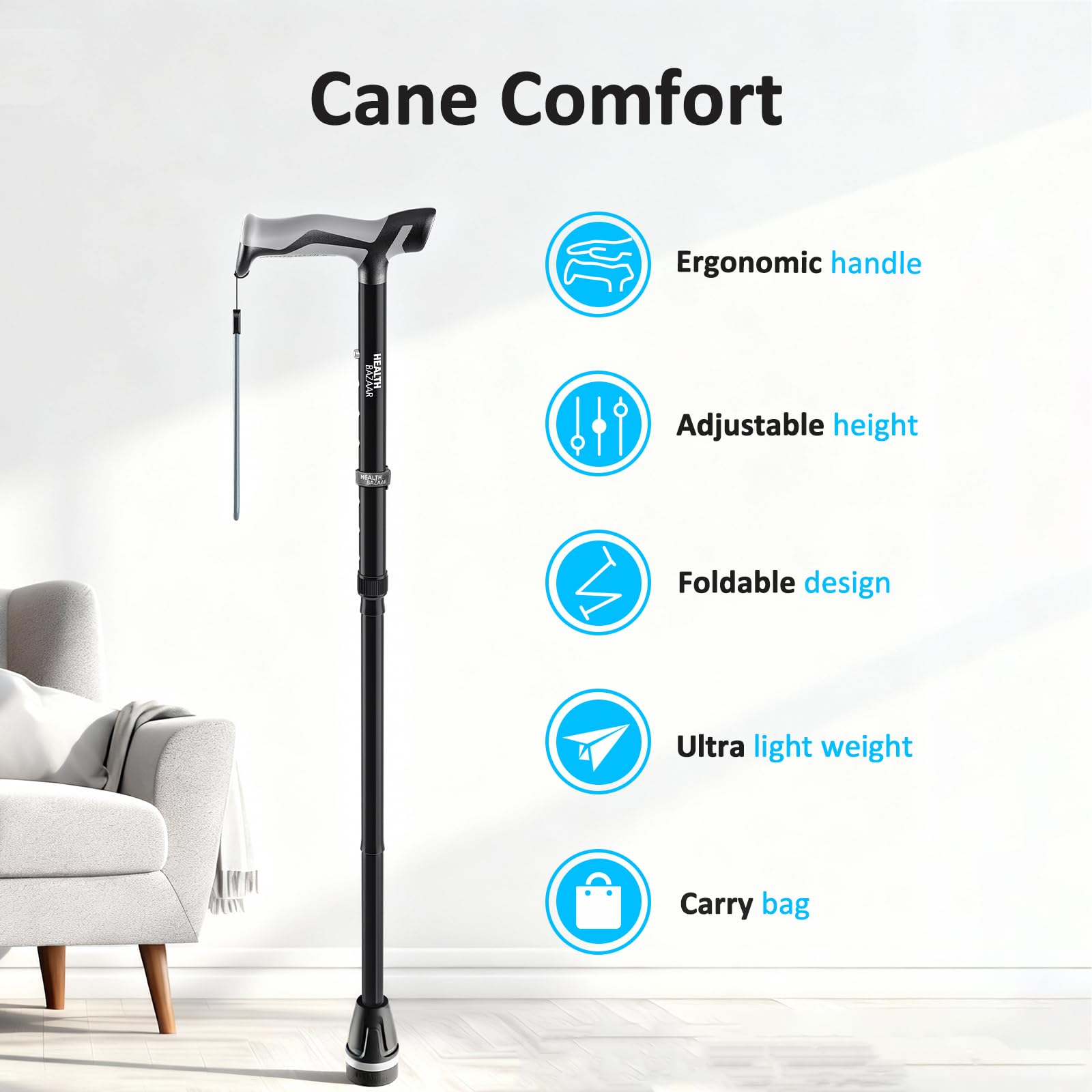 HEALTHBAZAAR mango con luz LED táctil visible, mejora visibilidad nocturna