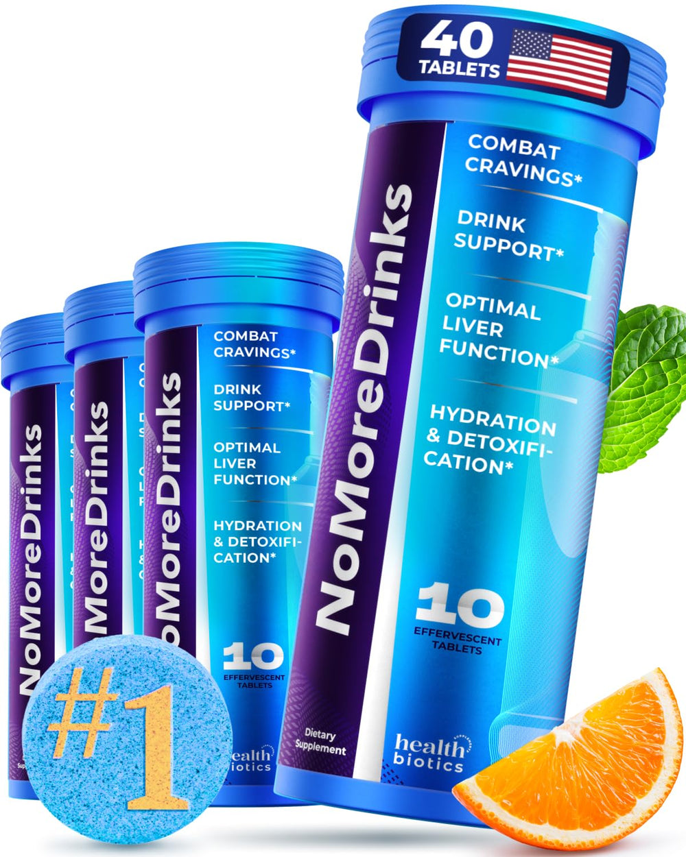 Healthbiotics envase NoMoreDrinks al frente mostrando presentación, apoyo para reducir antojos