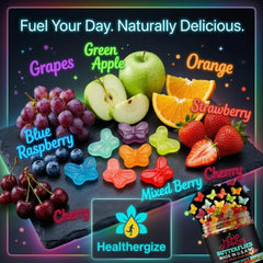 Etiqueta Healthergize con información nutricional visible y beneficio de ingredientes sin alérgenos