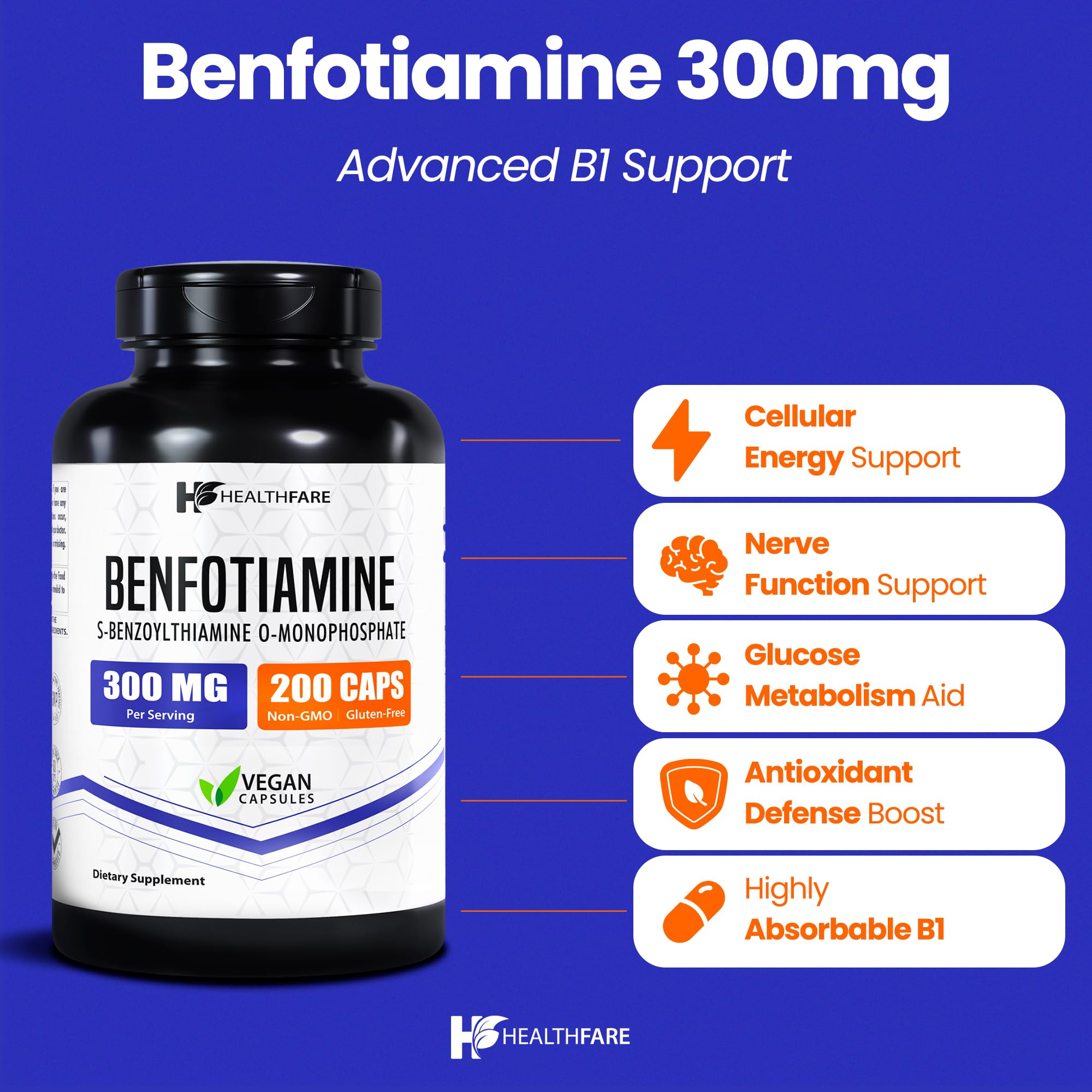 Healthfare Benfotiamina 300mg, botella de cápsulas con absorción mejorada.