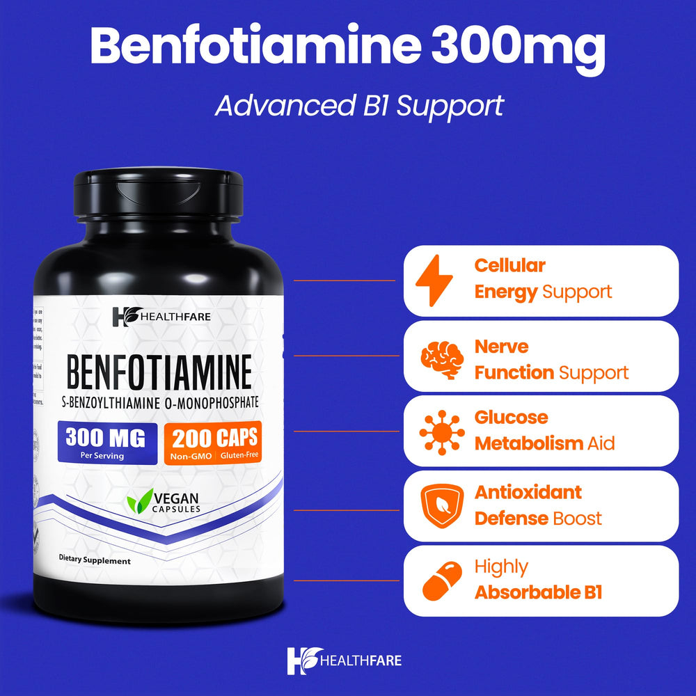 Healthfare Benfotiamina 300mg, botella de cápsulas con absorción mejorada.