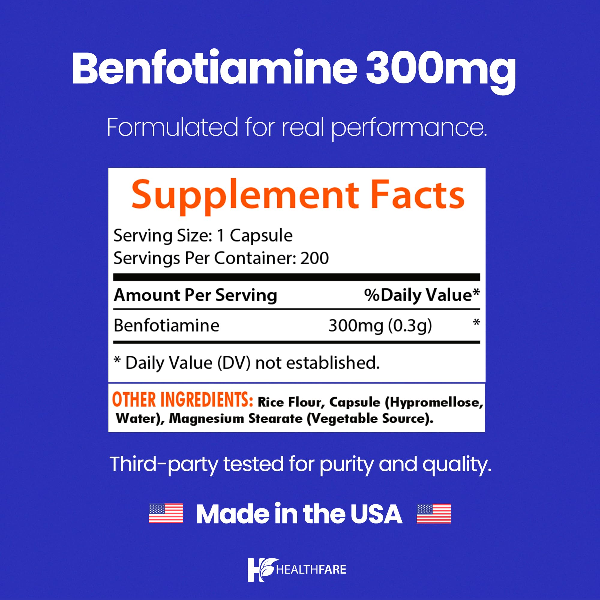 Healthfare Benfotiamina 300mg, etiqueta que resalta biodisponibilidad superior.
