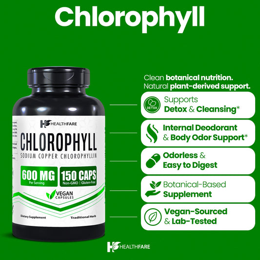 Healthfare clorofila capsulas 600 mg, botella para consumo diario conveniente.