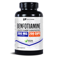 Healthfare envase frontal de Benfotiamine mostrando concentración y 200 cápsulas, fácil identificación