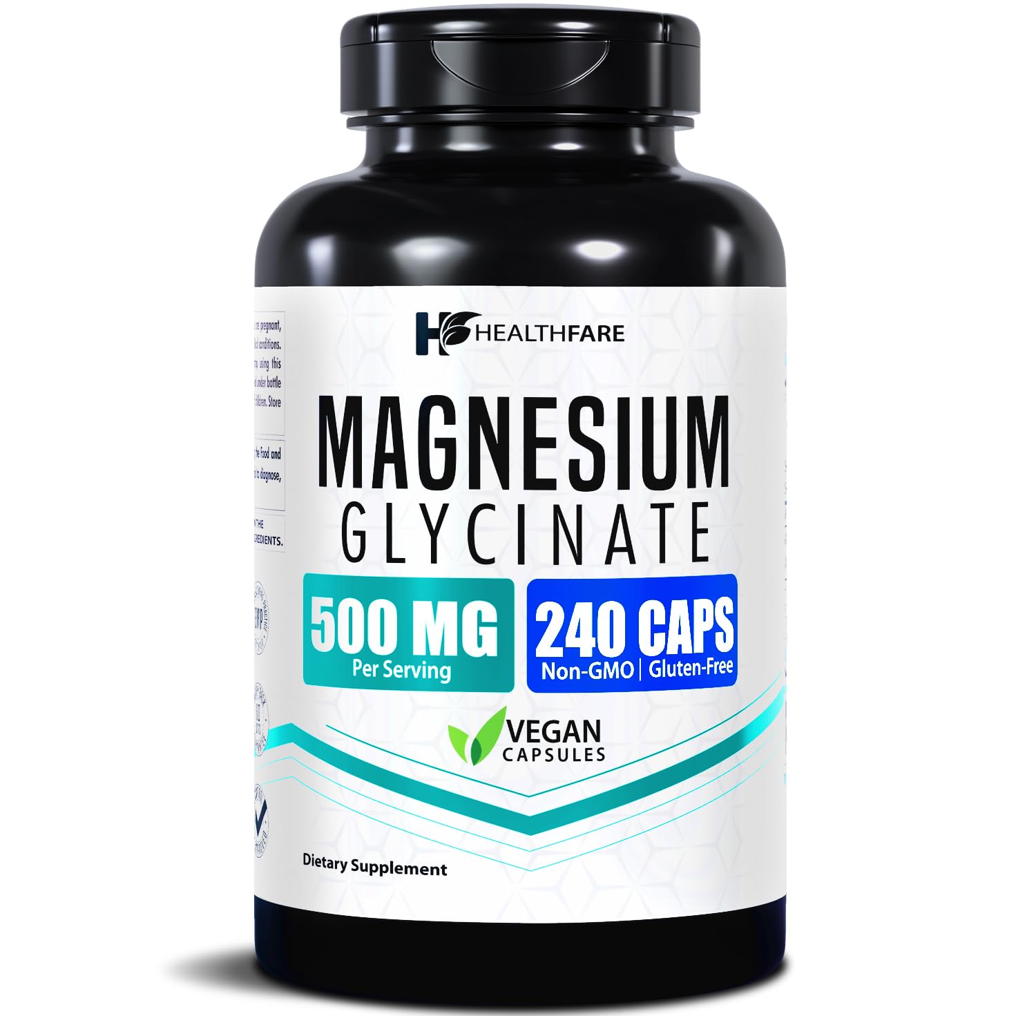 HealthFare Magnesio glicinato 500mg, cápsulas veganas, uso diario para bienestar general.