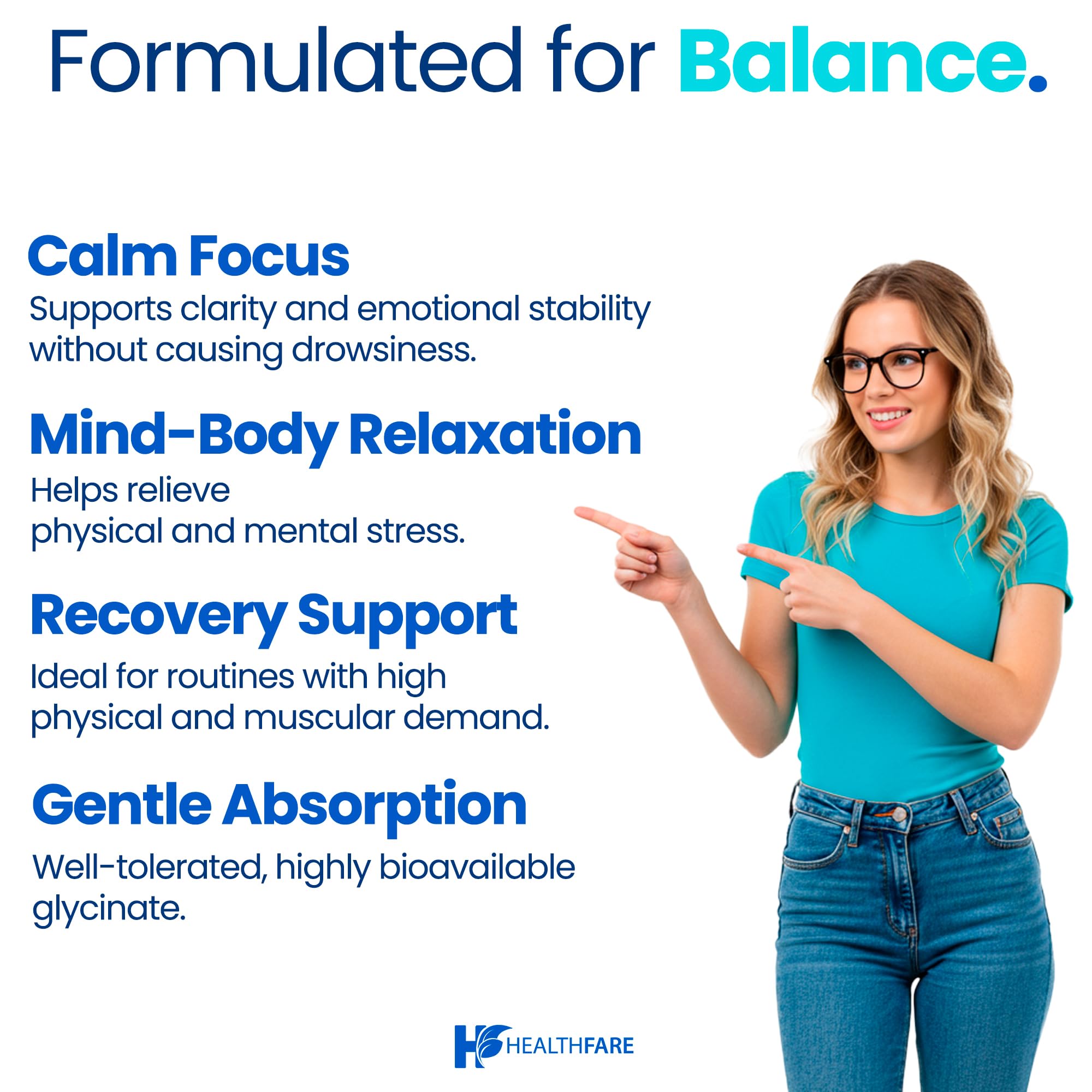 HealthFare magnesio glicinato, empaque de calidad, fabricación en Estados Unidos.